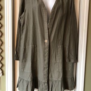 J.Jill NEW Light Green Sage Duster Ruffled Pockets Linen Jacket Blazer Coat